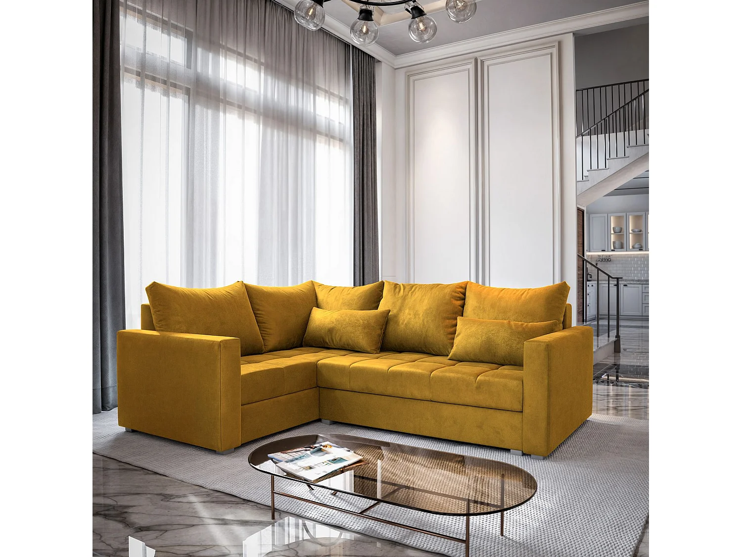 Canapé d'angle LIRENO Jaune en peluche avec fonction de couchage