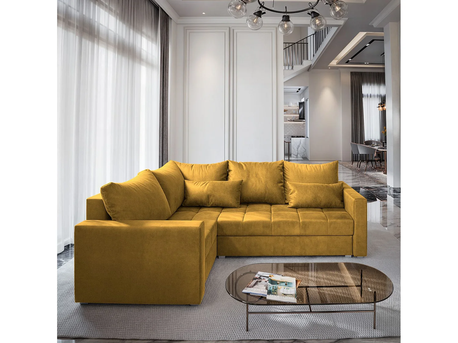 Canapé d'angle LIRENO Jaune en peluche avec fonction de couchage