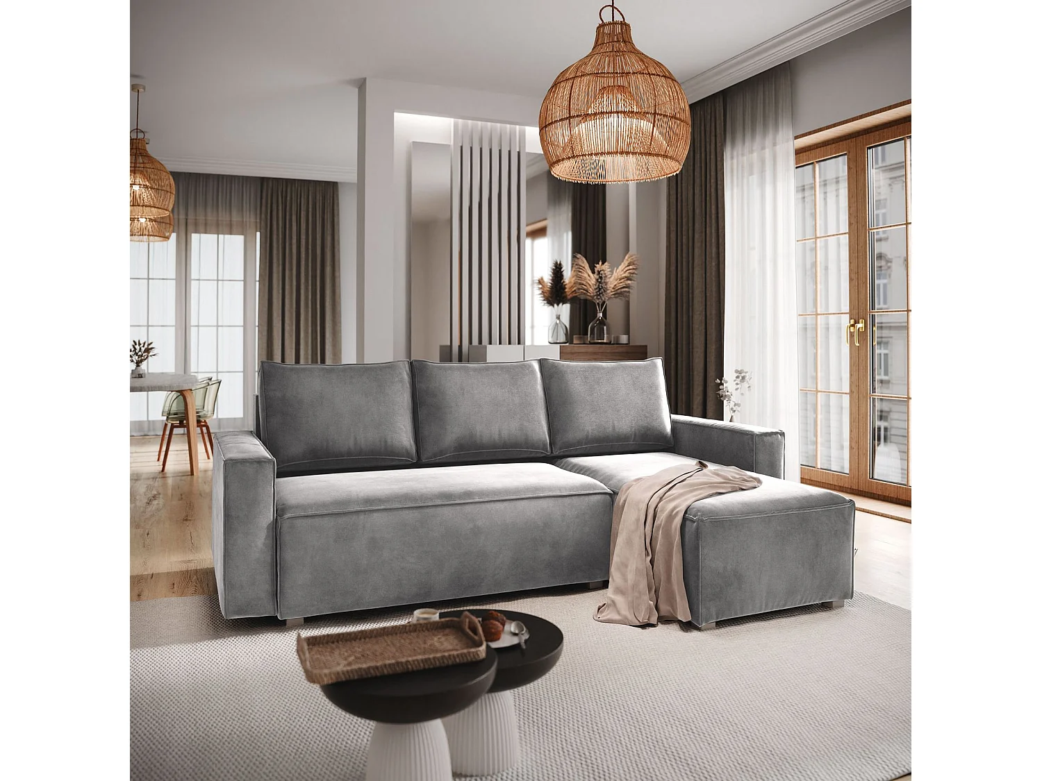 Canapé d'angle SILES Gris clair en velours avec fonction de couchage