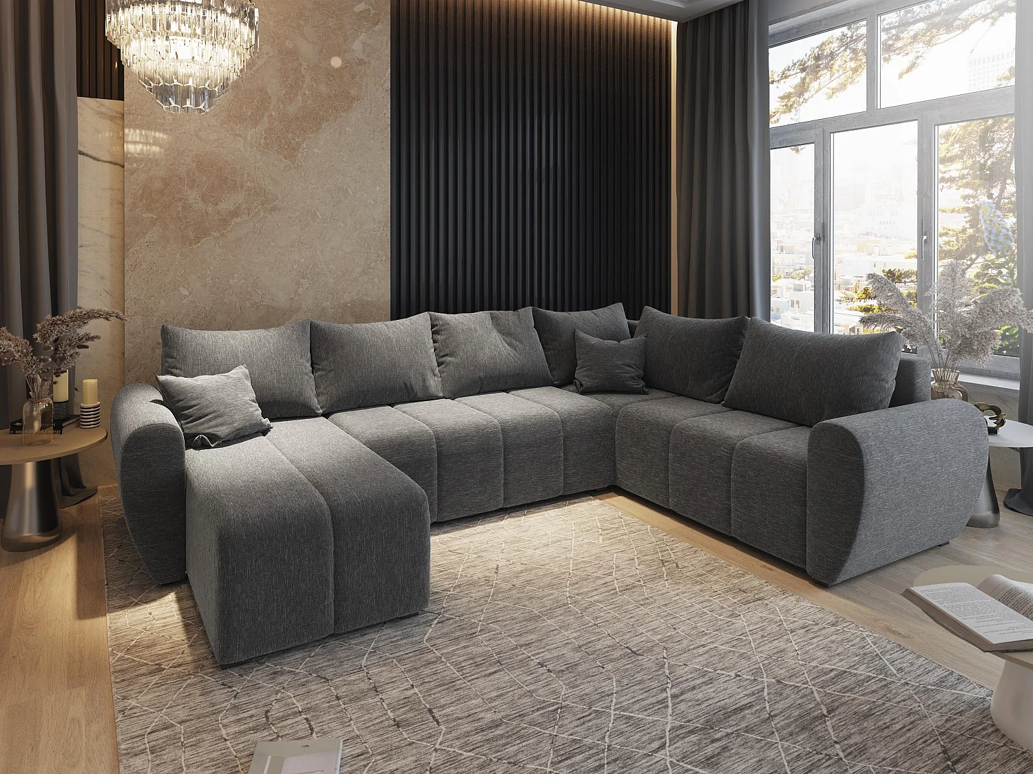 Canapé d'angle MADISON Gris clair en tissu texturé avec fonction de couchage