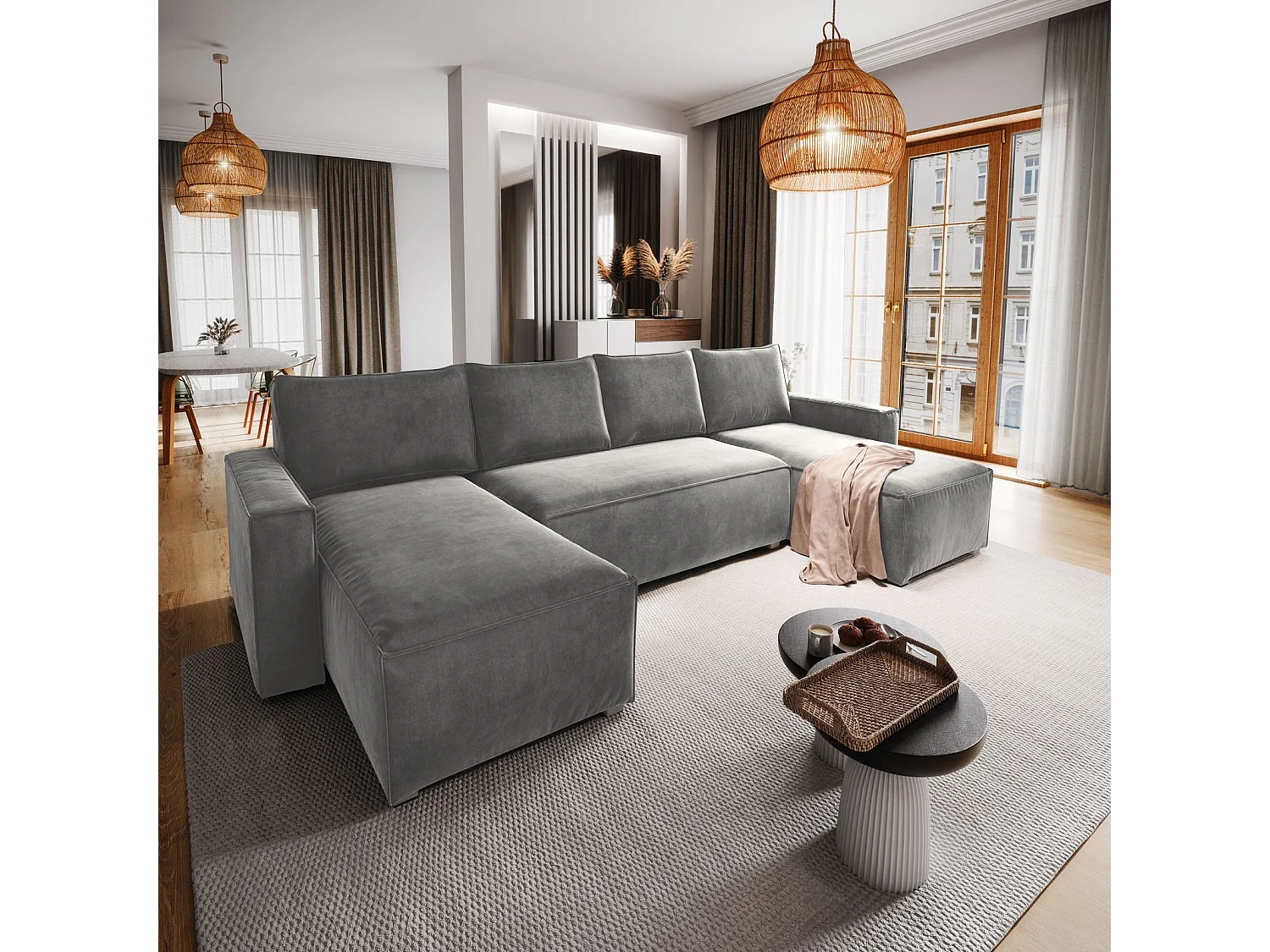 Canapé d'angle DENI Gris clair en velours avec fonction de couchage