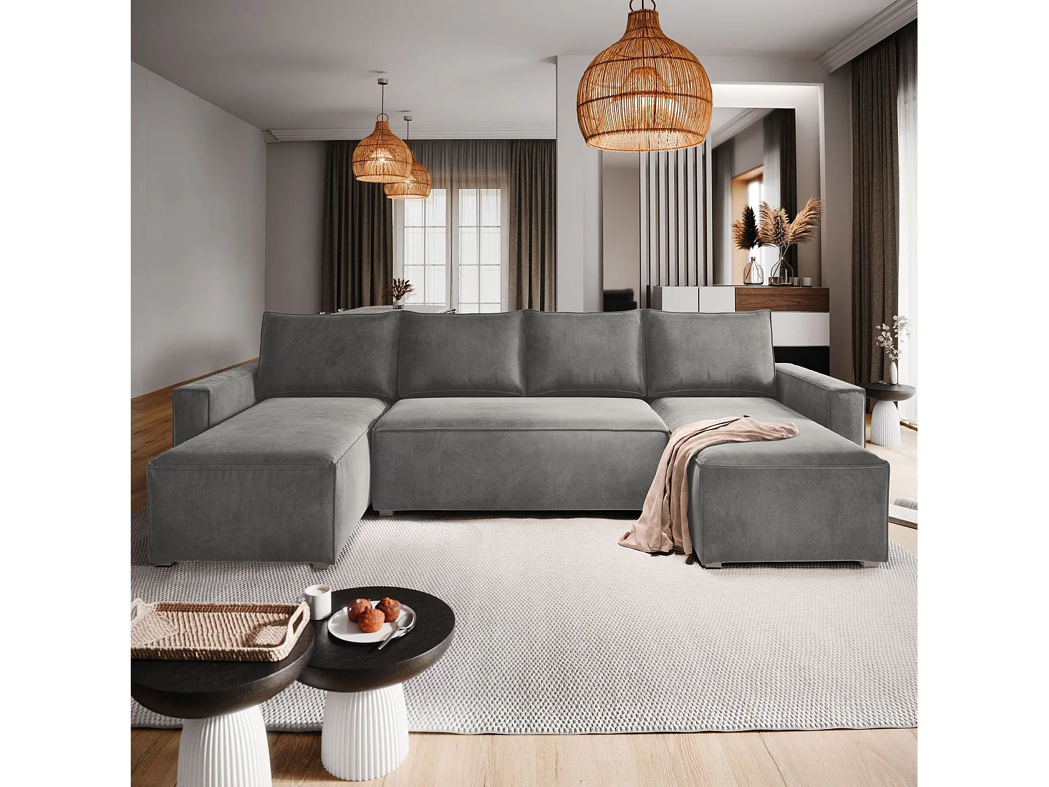 Canapé d'angle DENI Gris clair en velours avec fonction de couchage