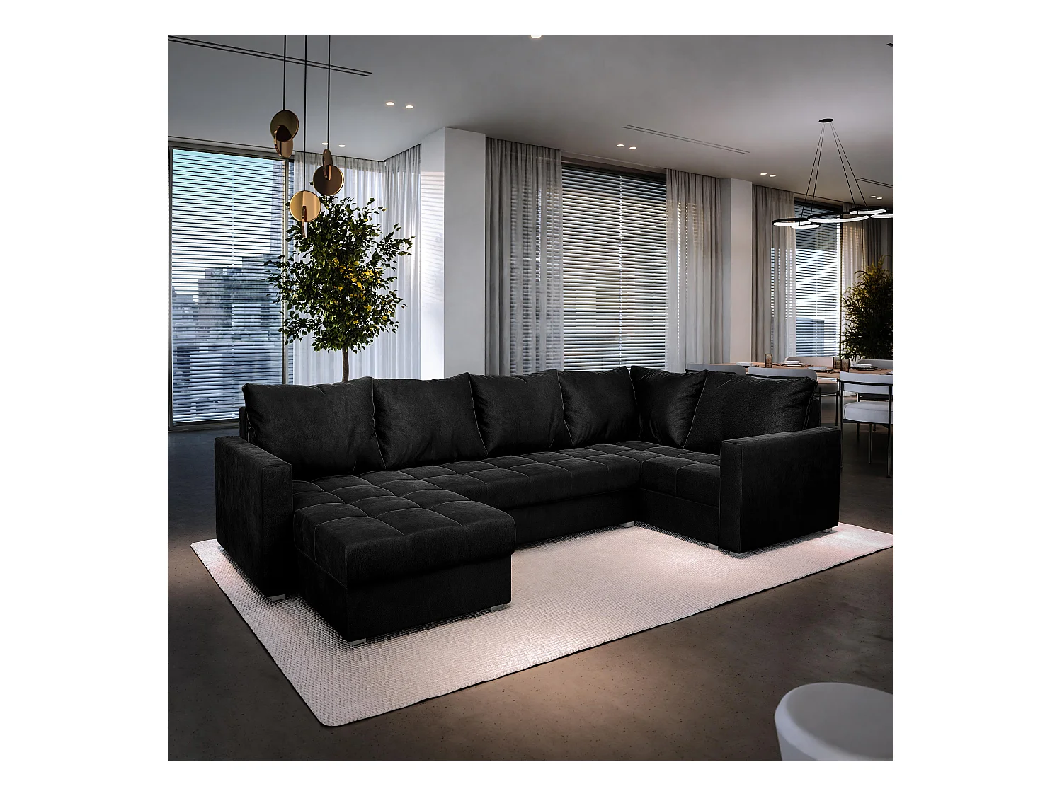 Canapé d'angle LORIVO Noir en peluche avec fonction de couchage