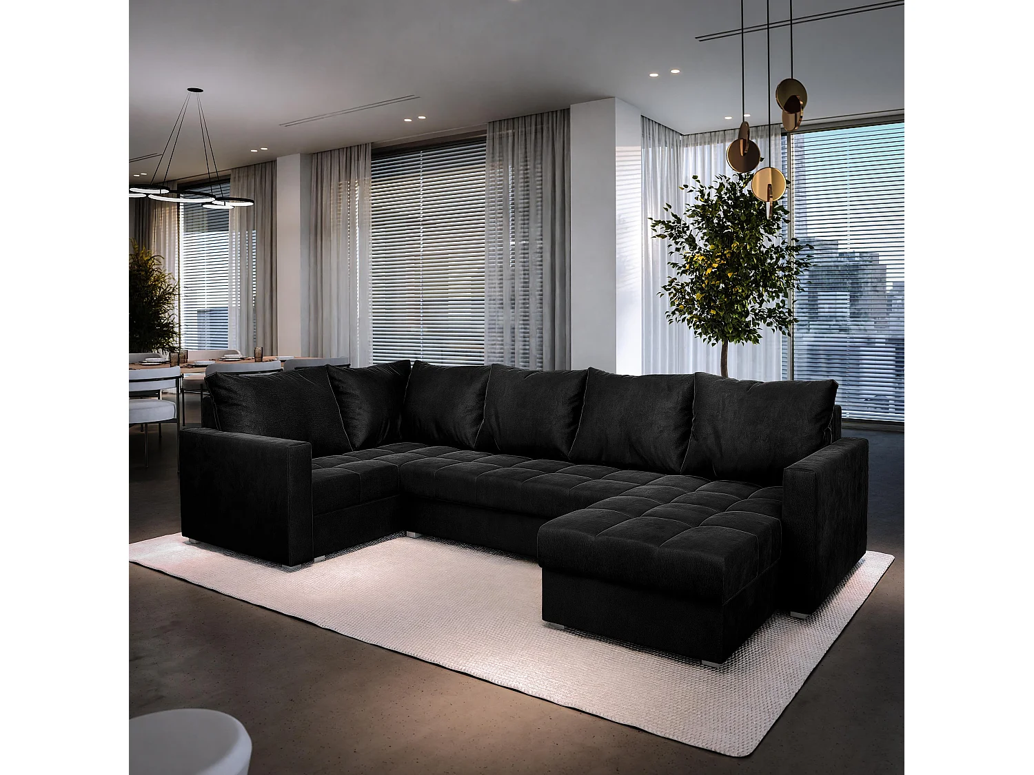 Canapé d'angle LORIVO Noir en peluche avec fonction de couchage