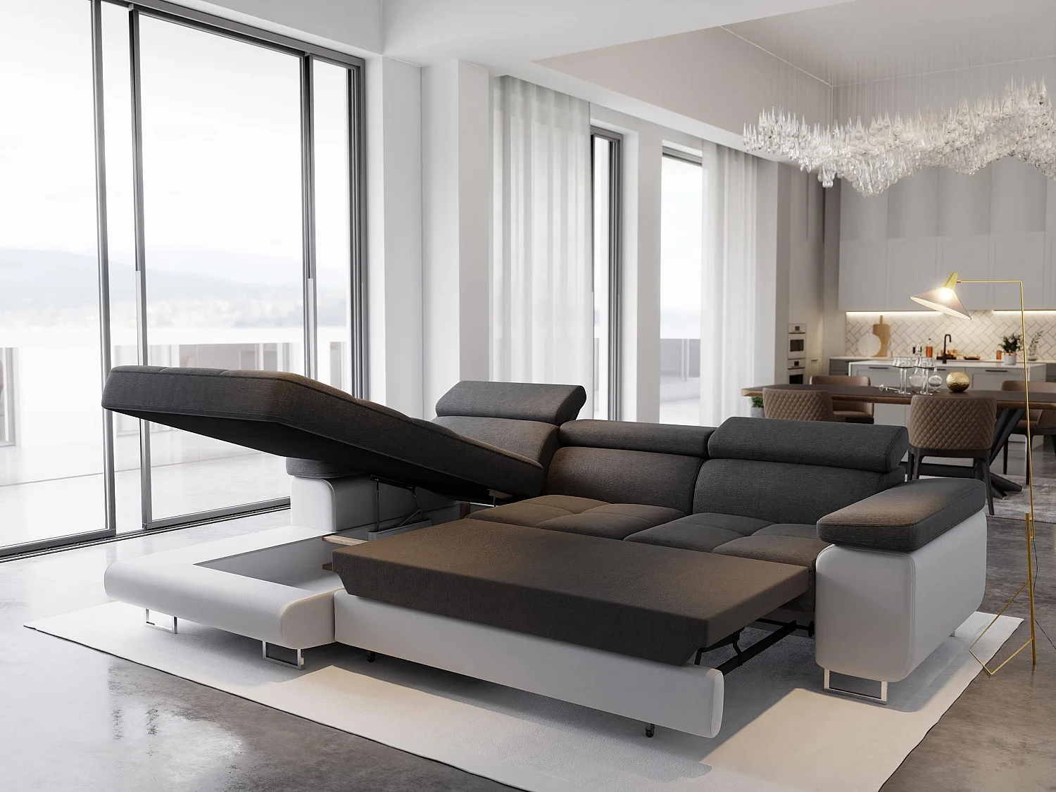 Canapé d'angle ELMA Marron en velours avec fonction de couchage