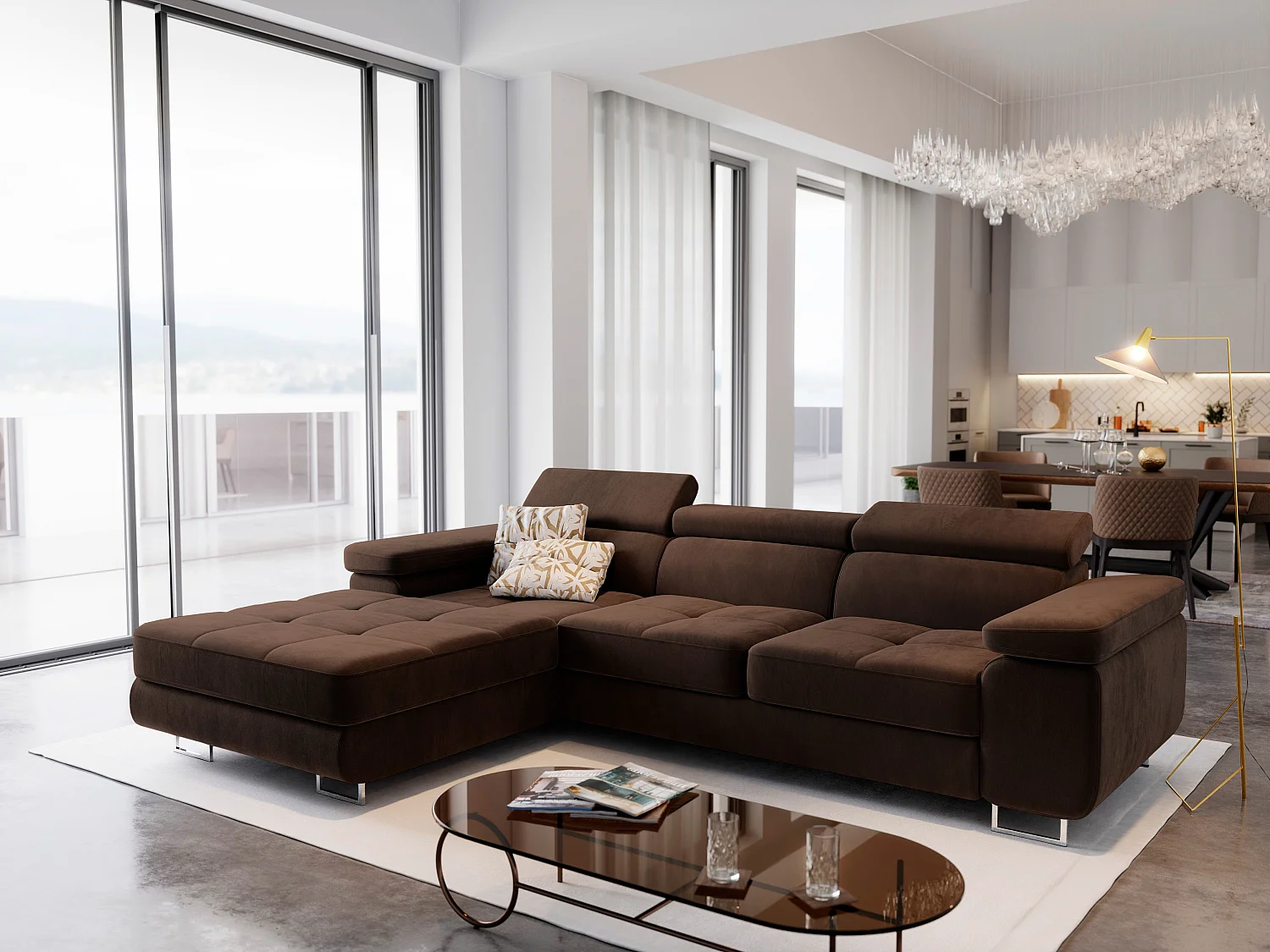 Canapé d'angle ELMA Marron en velours avec fonction de couchage