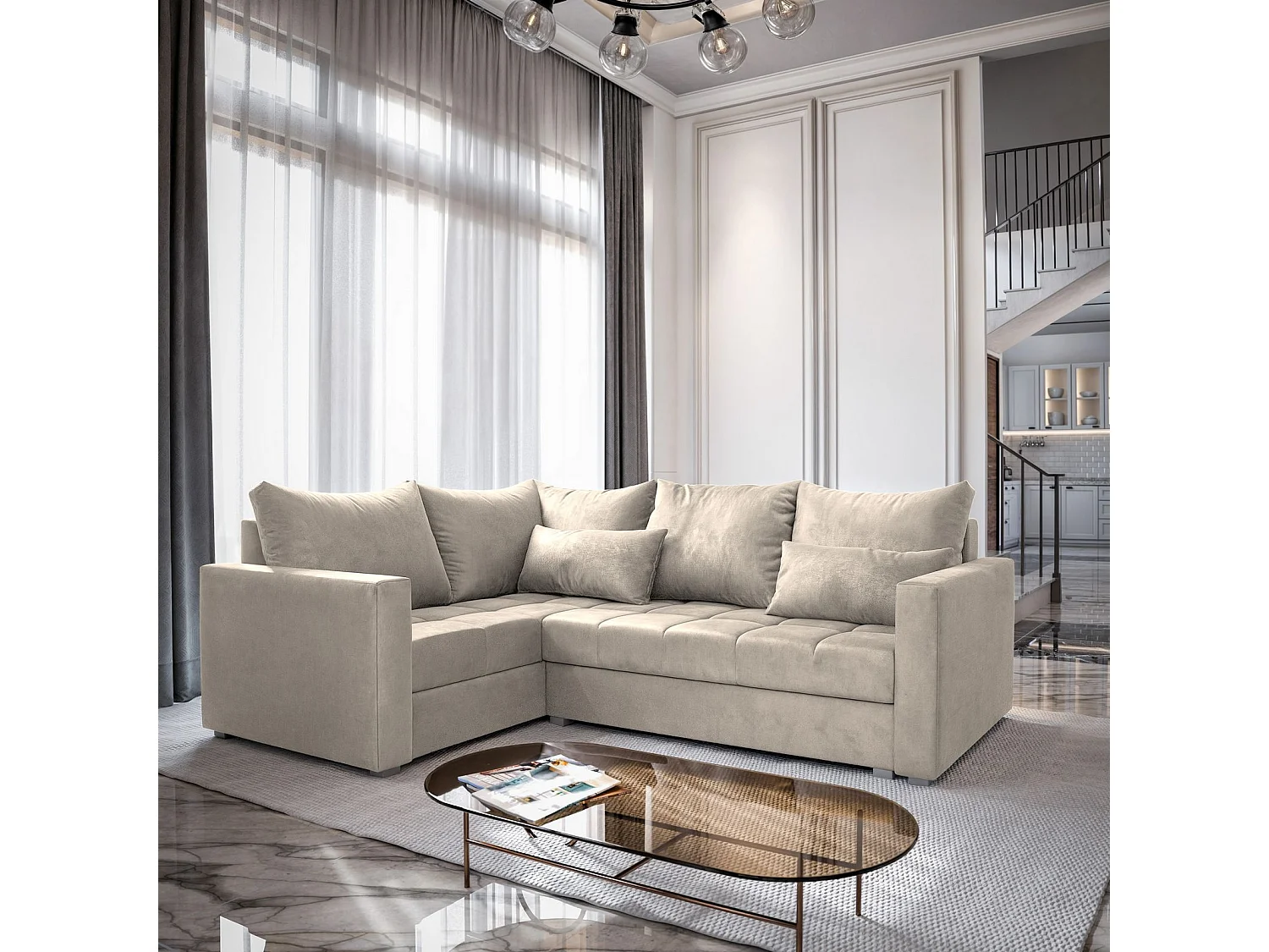 Canapé d'angle LIRENO Beige en peluche avec fonction de couchage