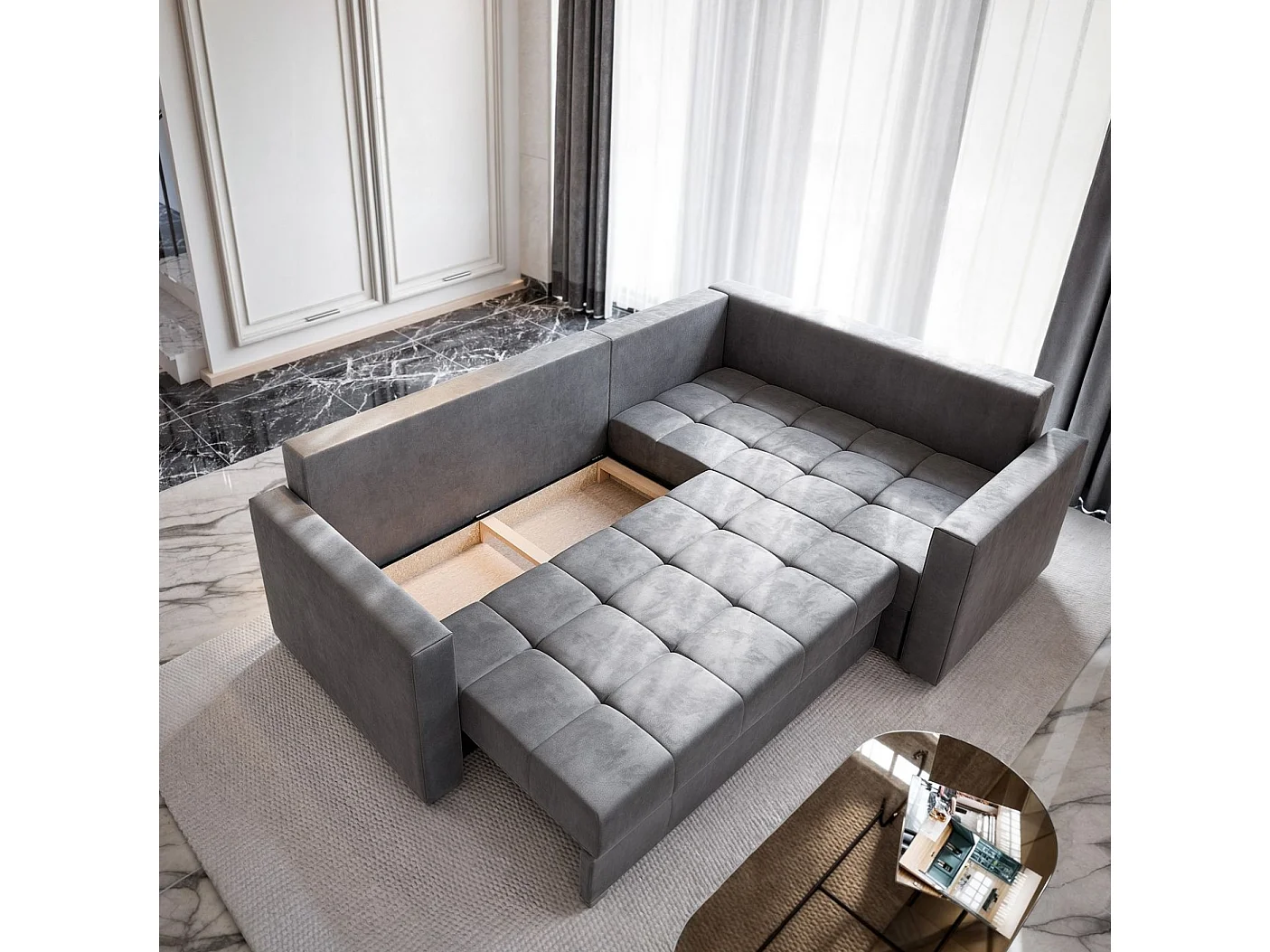 Canapé d'angle LIRENO Beige en peluche avec fonction de couchage