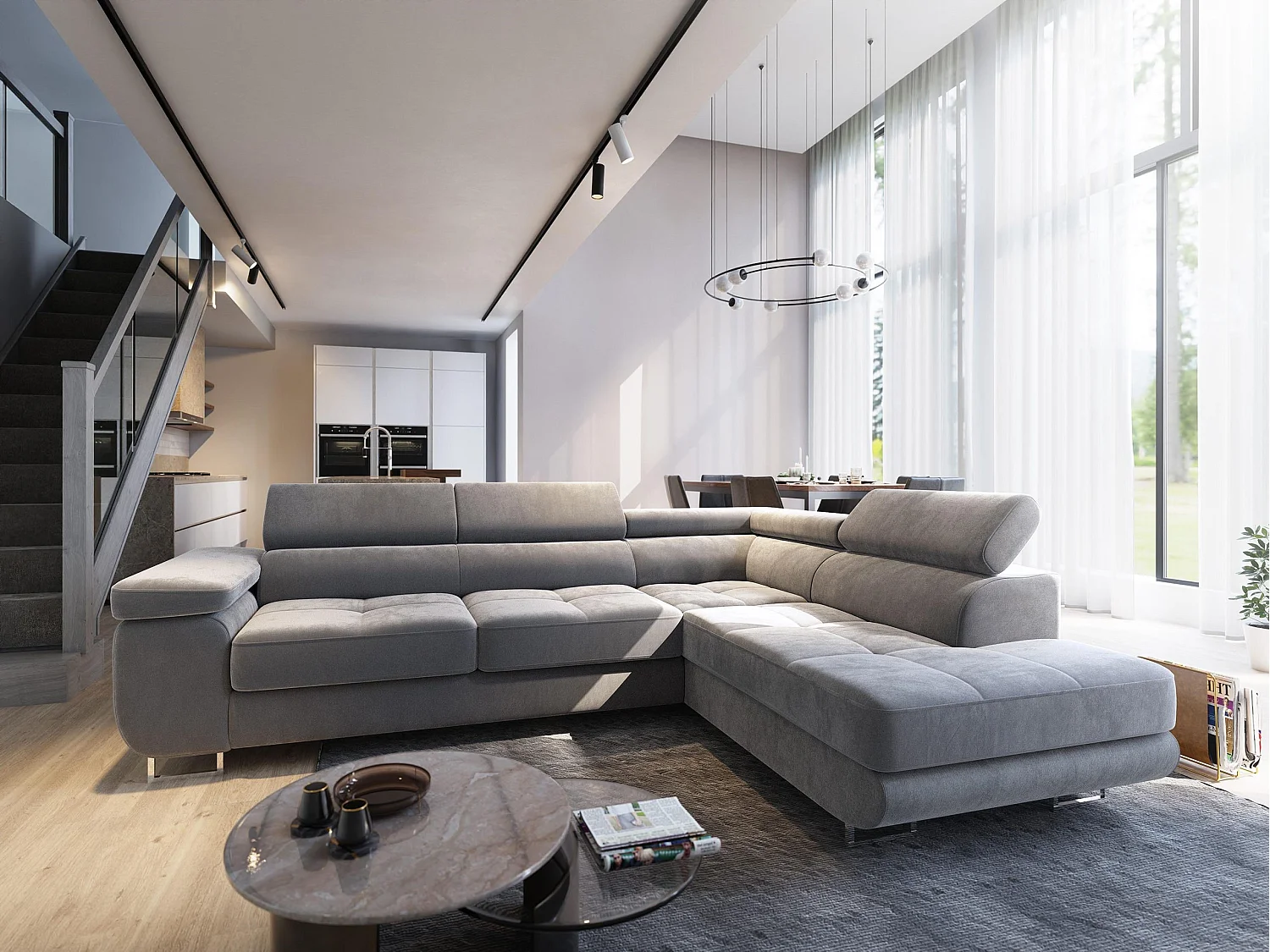 Canapé d'angle SELVA Gris clair en velours avec fonction de couchage