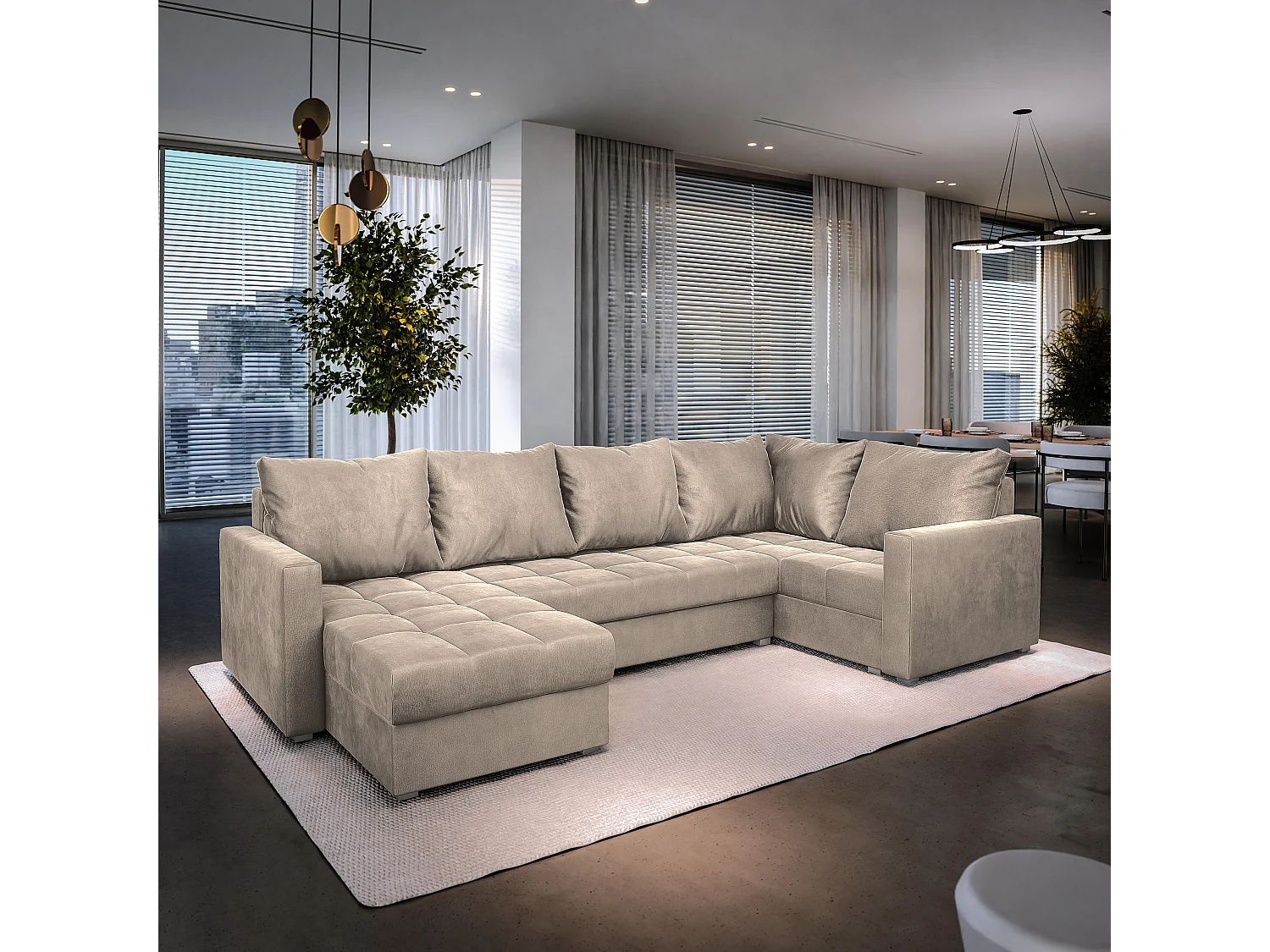 Hoekbank LORIVO van fluweel met slaapfunctie Beige