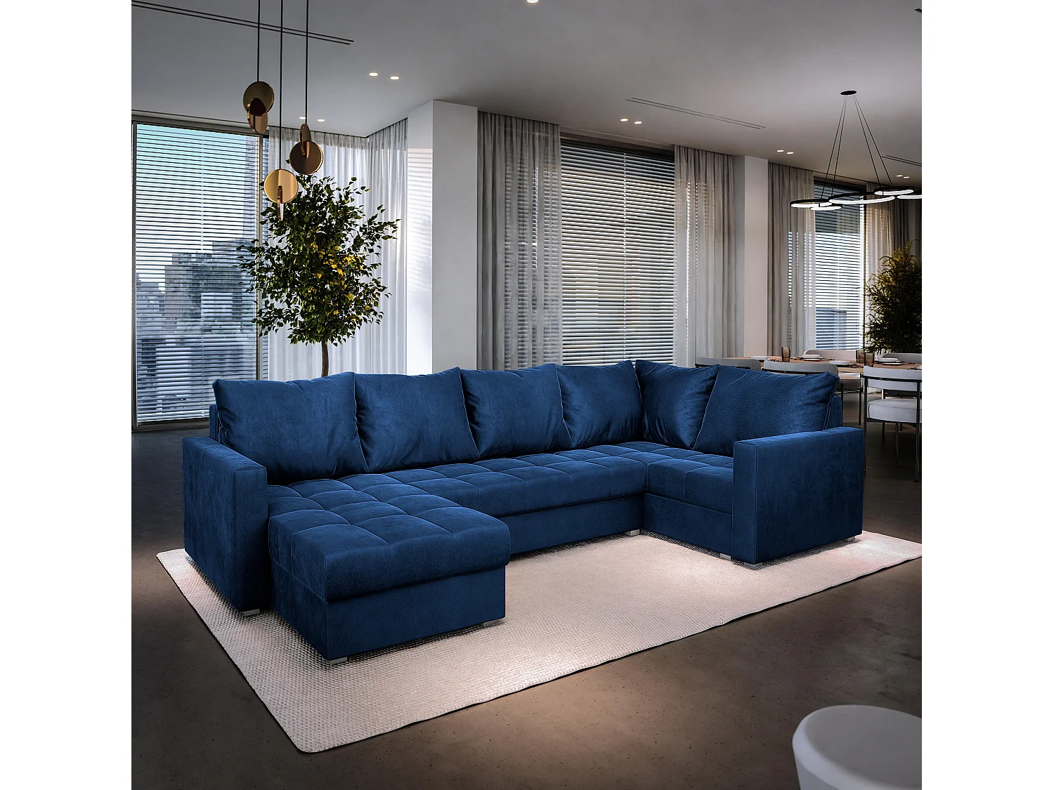 Canapé d'angle LORIVO Bleu en peluche avec fonction de couchage