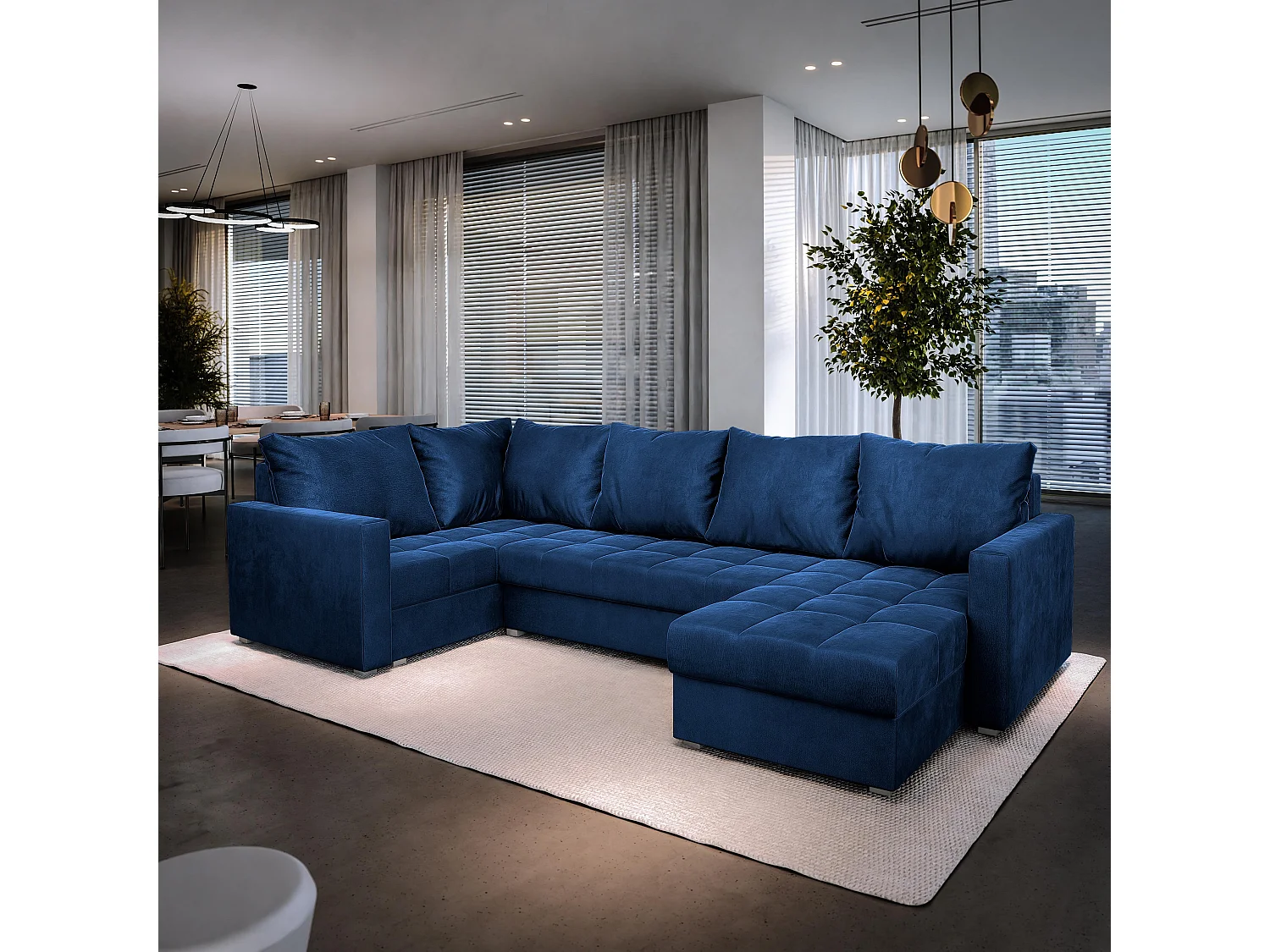 Canapé d'angle LORIVO Bleu en peluche avec fonction de couchage