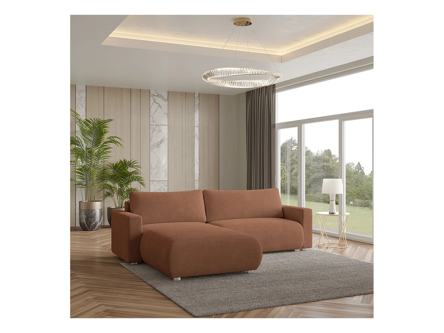Canapé d'angle TURIN Terracotta en bouclé avec fonction de couchage