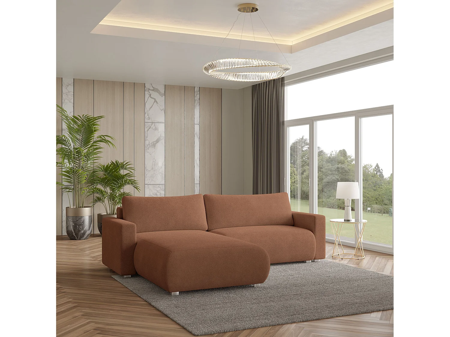 Canapé d'angle TURIN Terracotta en bouclé avec fonction de couchage