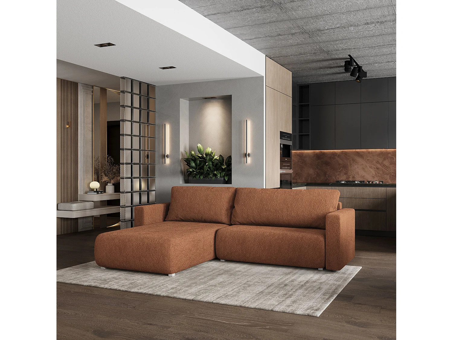Canapé d'angle convertible 3 places en tissu terracotta TURIN