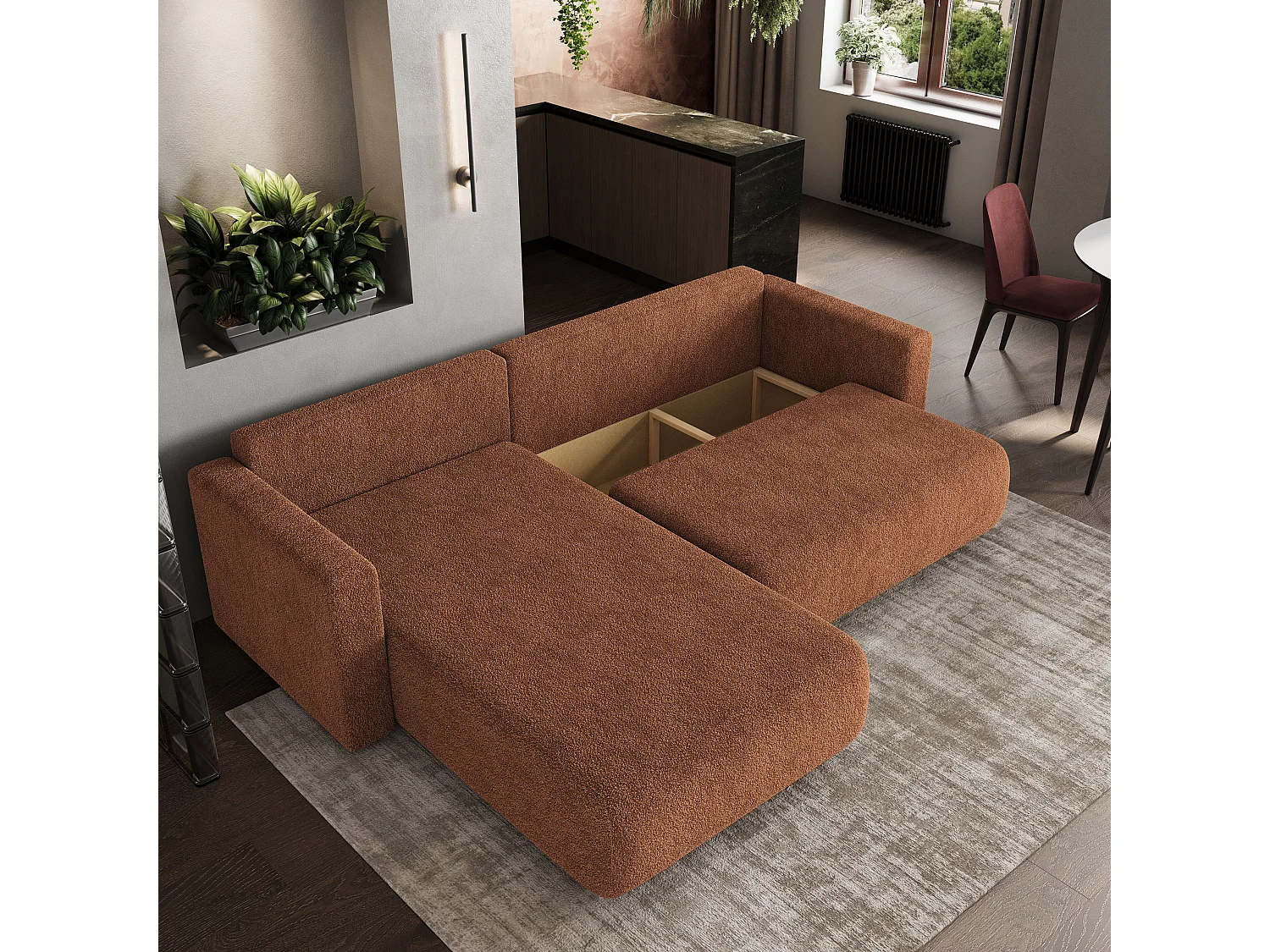 Canapé d'angle convertible 3 places en tissu terracotta TURIN
