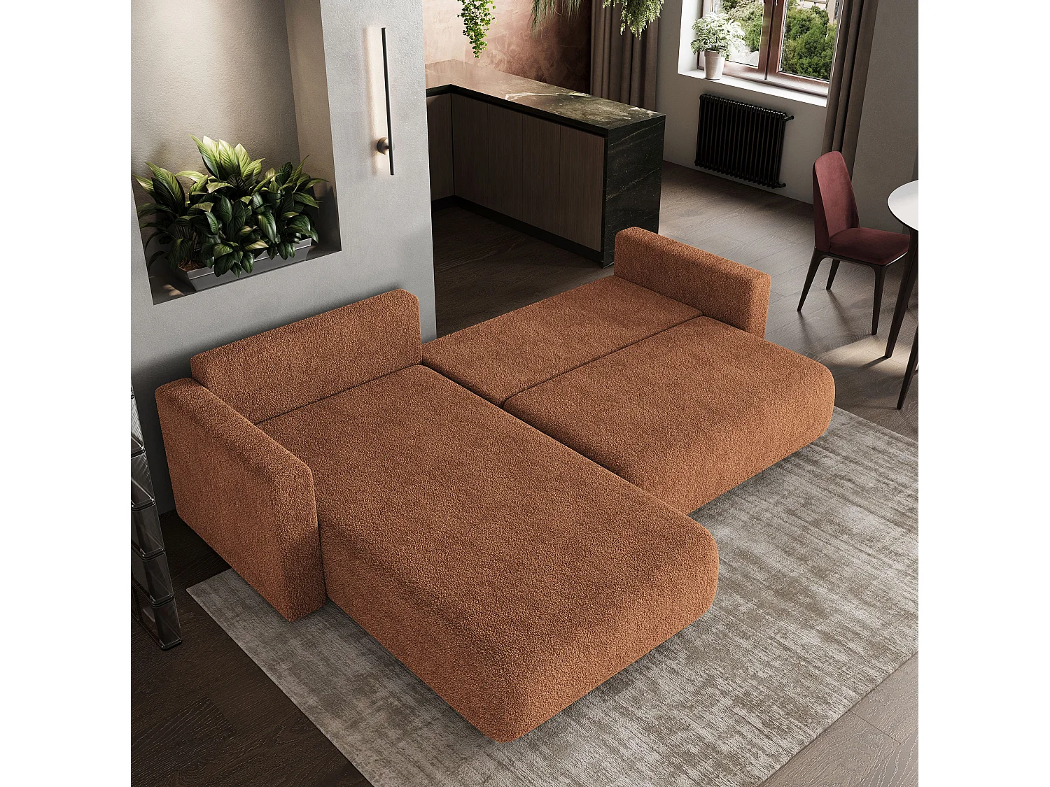 Canapé d'angle convertible 3 places en tissu terracotta TURIN