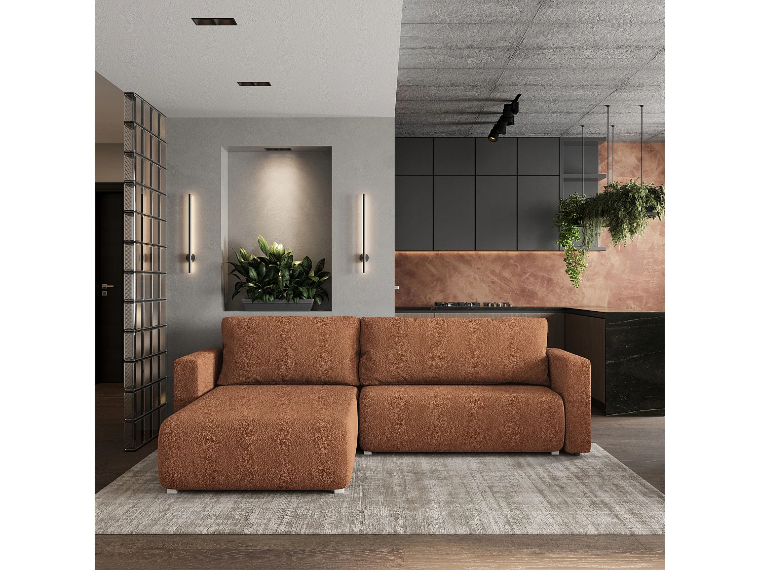 Canapé d'angle convertible 3 places en tissu terracotta TURIN