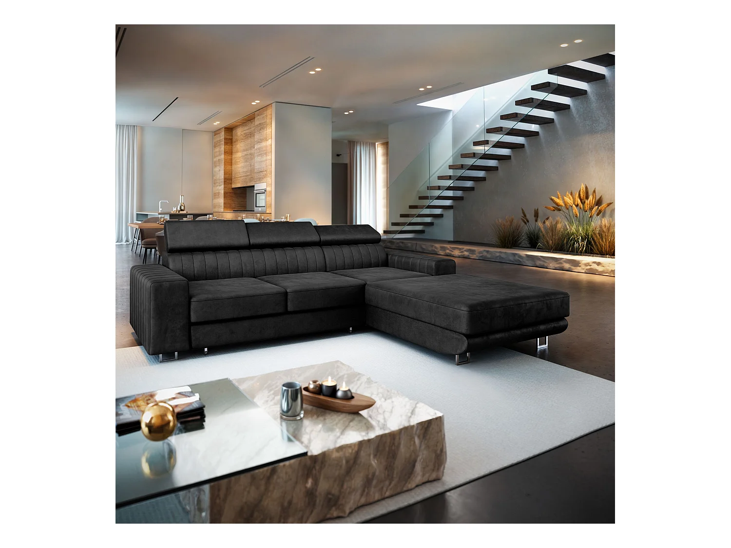 Canapé d'angle NOTO Noir en velours avec fonction de couchage