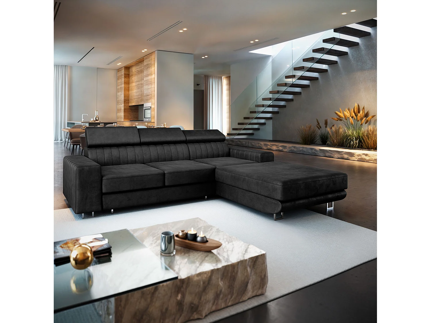 Hoekbank NOTO van fluweel met slaapfunctie Schwarz