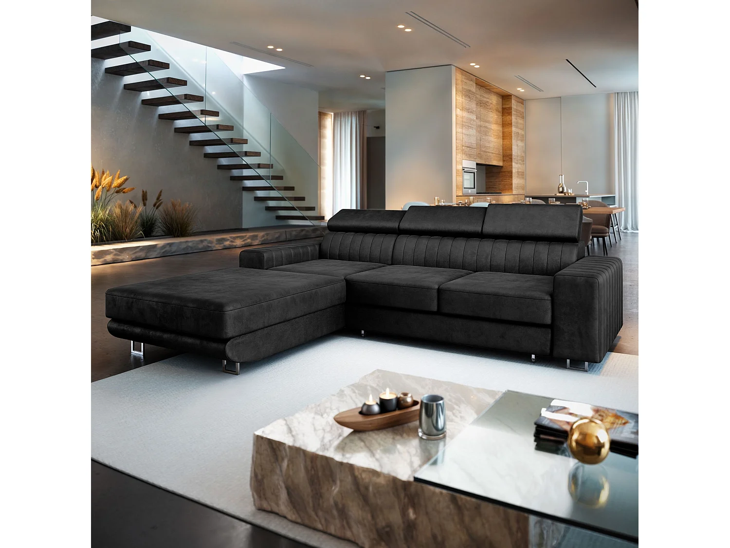 Canapé d'angle NOTO Noir en velours avec fonction de couchage