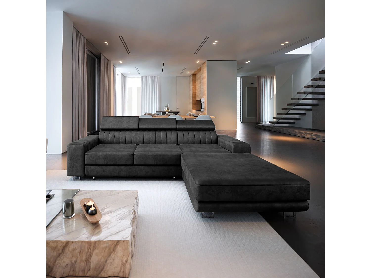 Canapé d'angle NOTO Noir en velours avec fonction de couchage