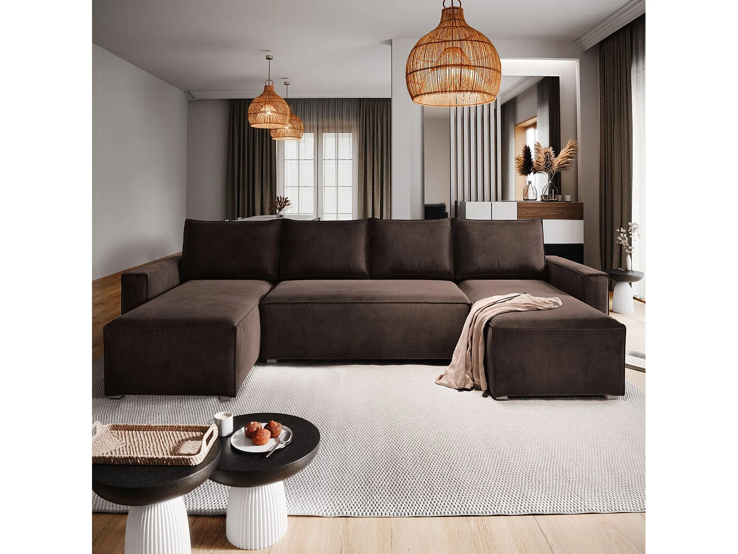 Canapé d'angle DENI Marron en velours avec fonction de couchage