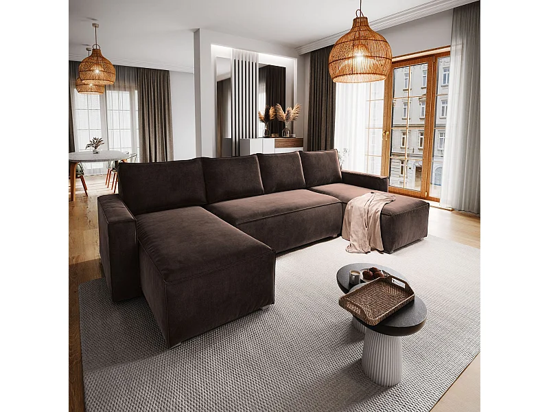 Canapé d'angle DENI Marron en velours avec fonction de couchage