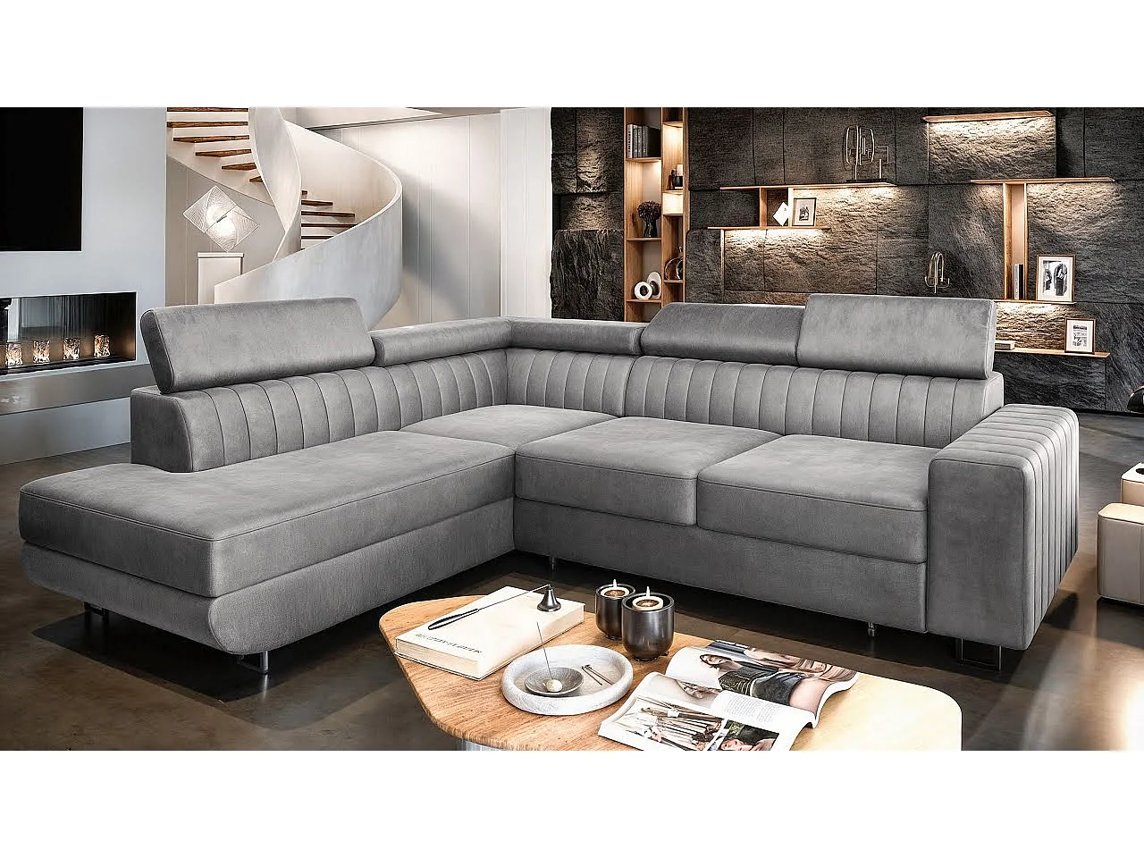 Hoekbank NOLA van fluweel met slaapfunctie Creme