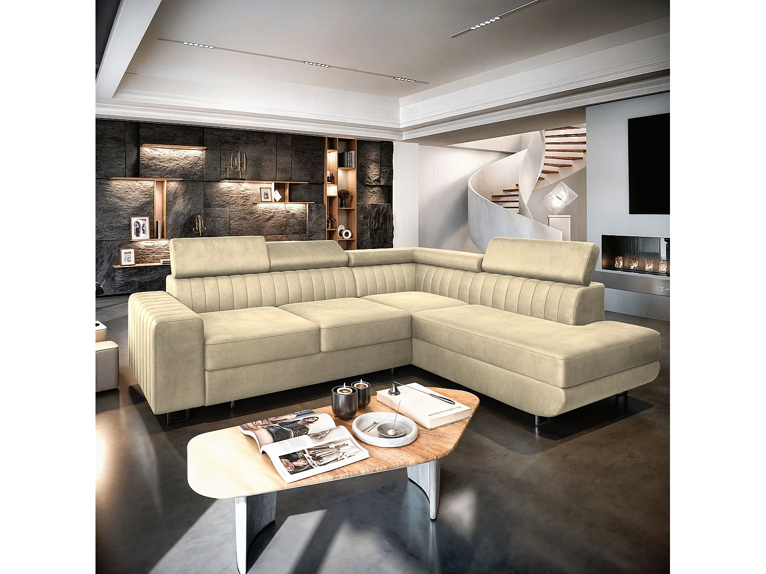 Canapé d'angle NOLA Crème en velours avec fonction de couchage