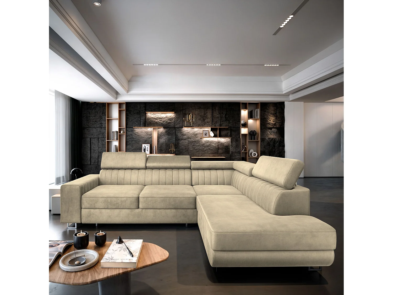 Canapé d'angle NOLA Crème en velours avec fonction de couchage