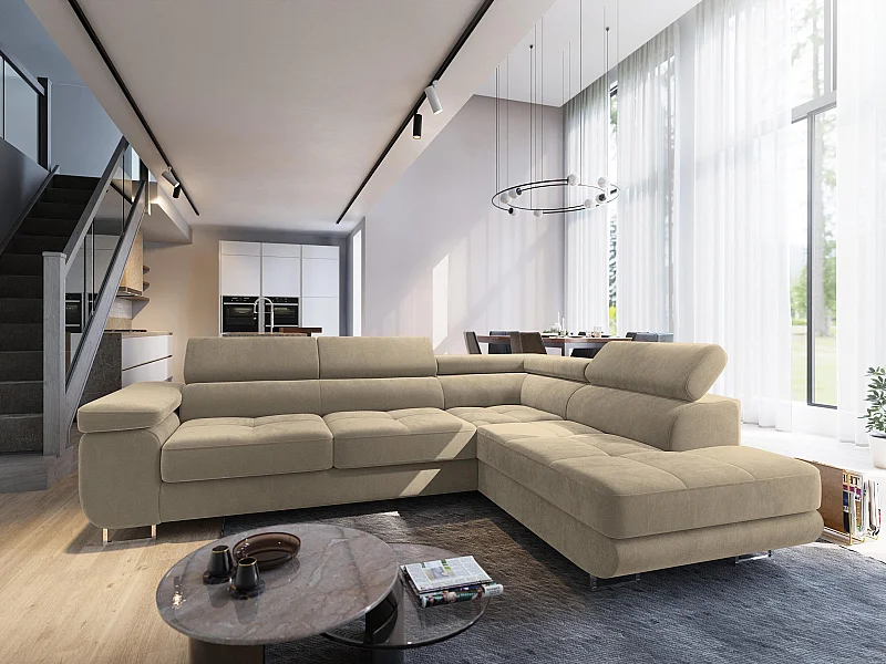 Canapé d'angle SELVA Crème en velours avec fonction de couchage