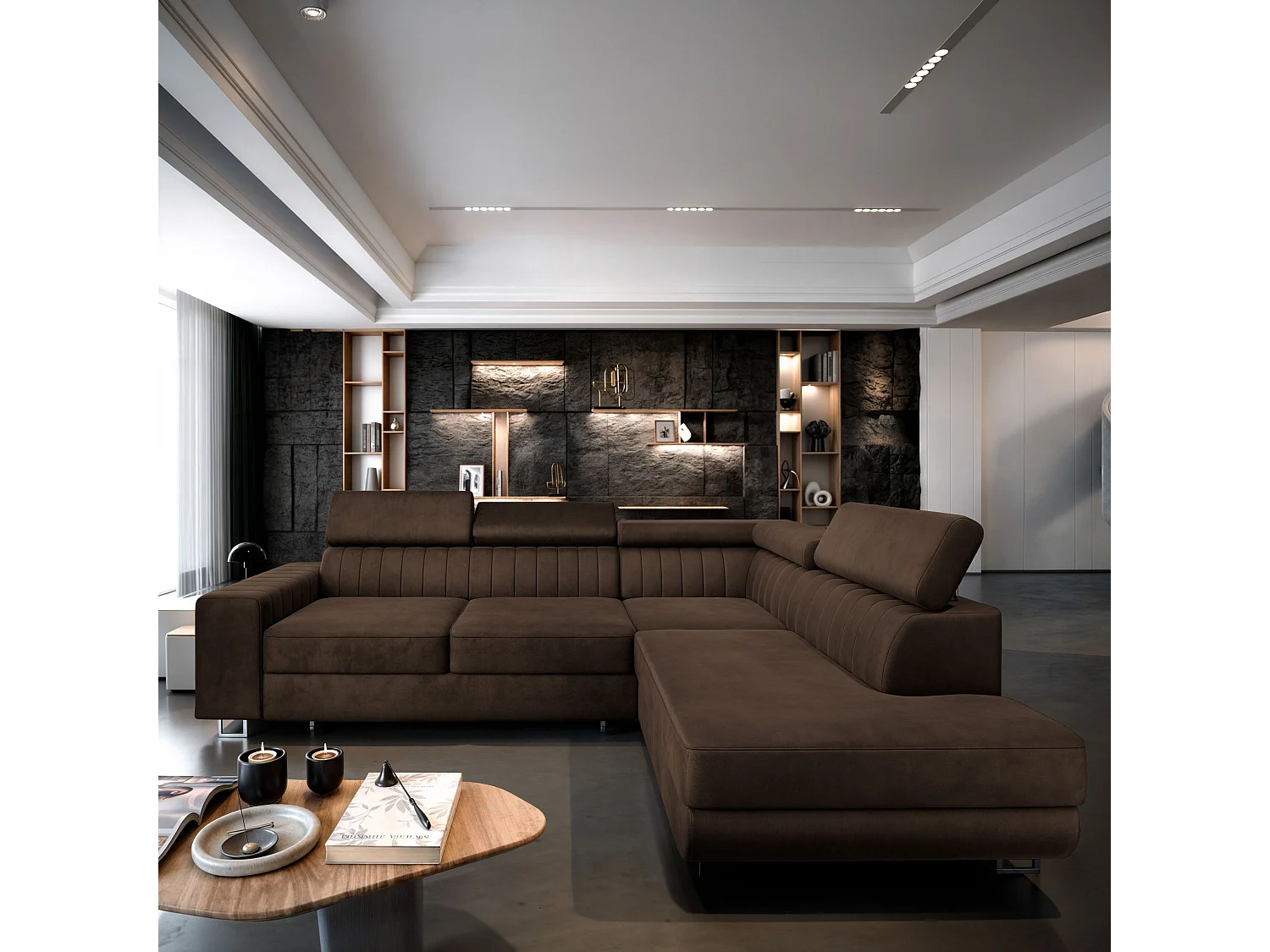 Canapé d'angle NOLA Marron en velours avec fonction de couchage