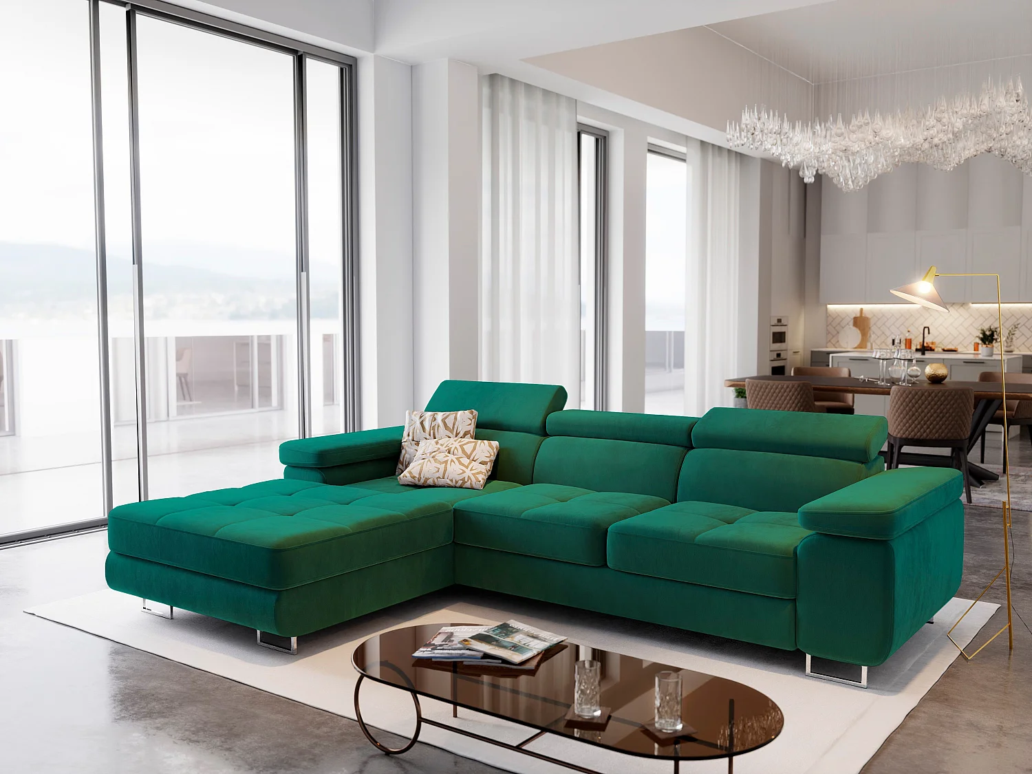 Canapé d'angle ELMA Vert Sapin en velours avec fonction de couchage