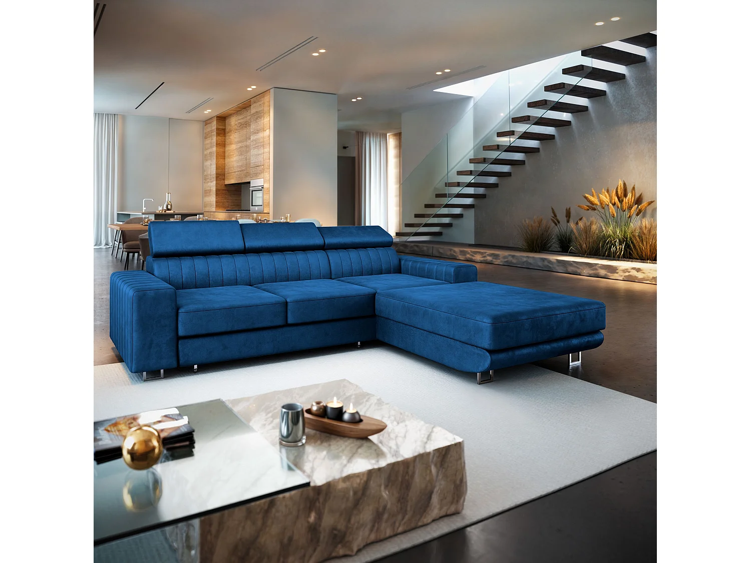 Canapé d'angle NOTO Bleu en velours avec fonction de couchage