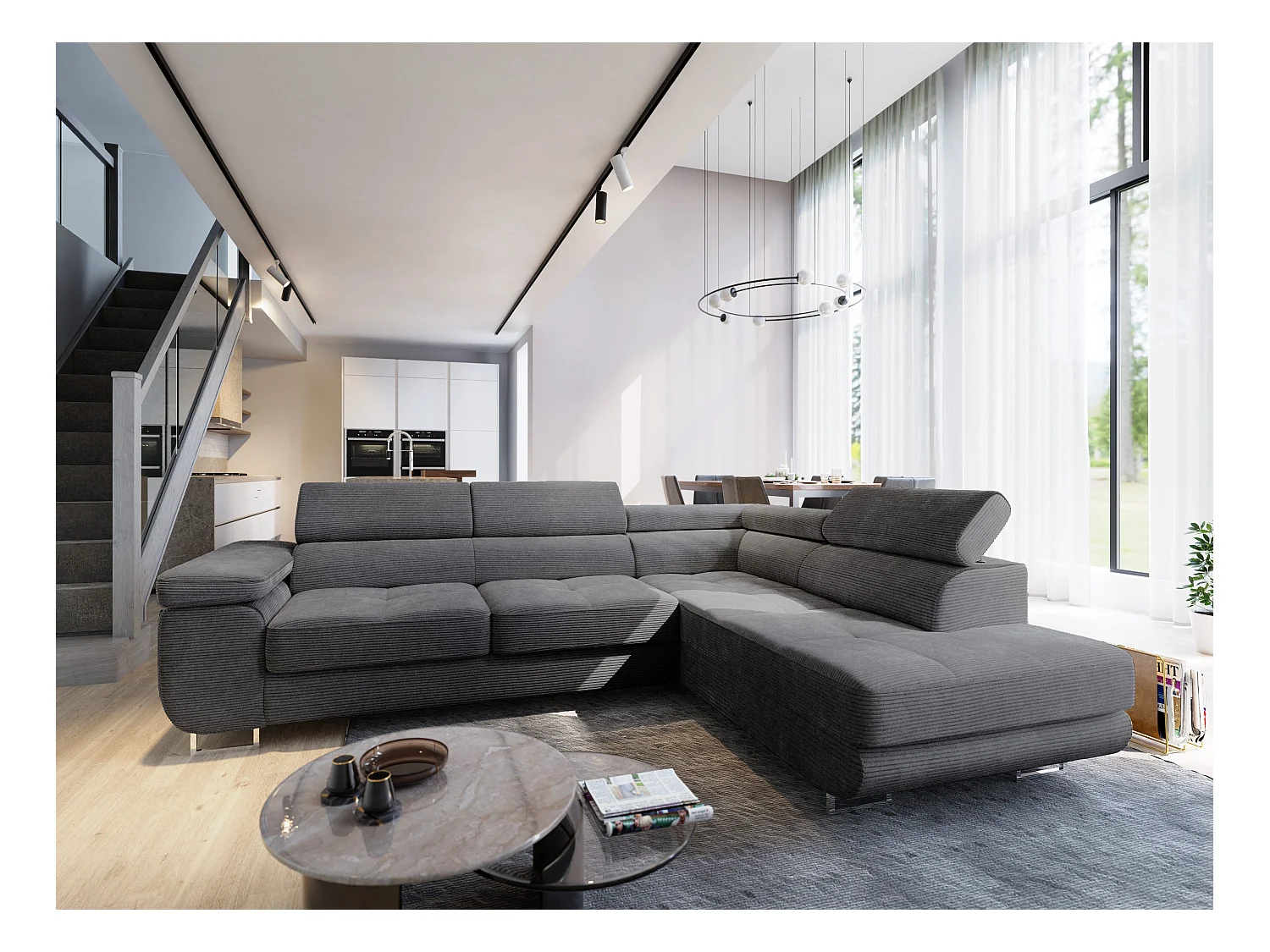 Canapé d'angle APIRO Gris anthracite en velours côtelé avec fonction de couchage
