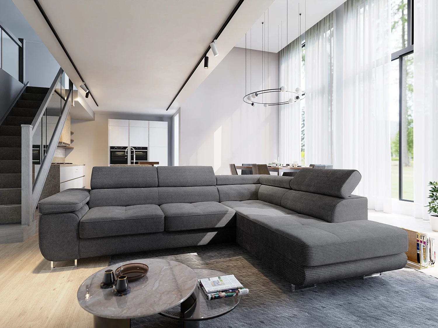 Canapé d'angle APIRO Gris anthracite en velours côtelé avec fonction de couchage