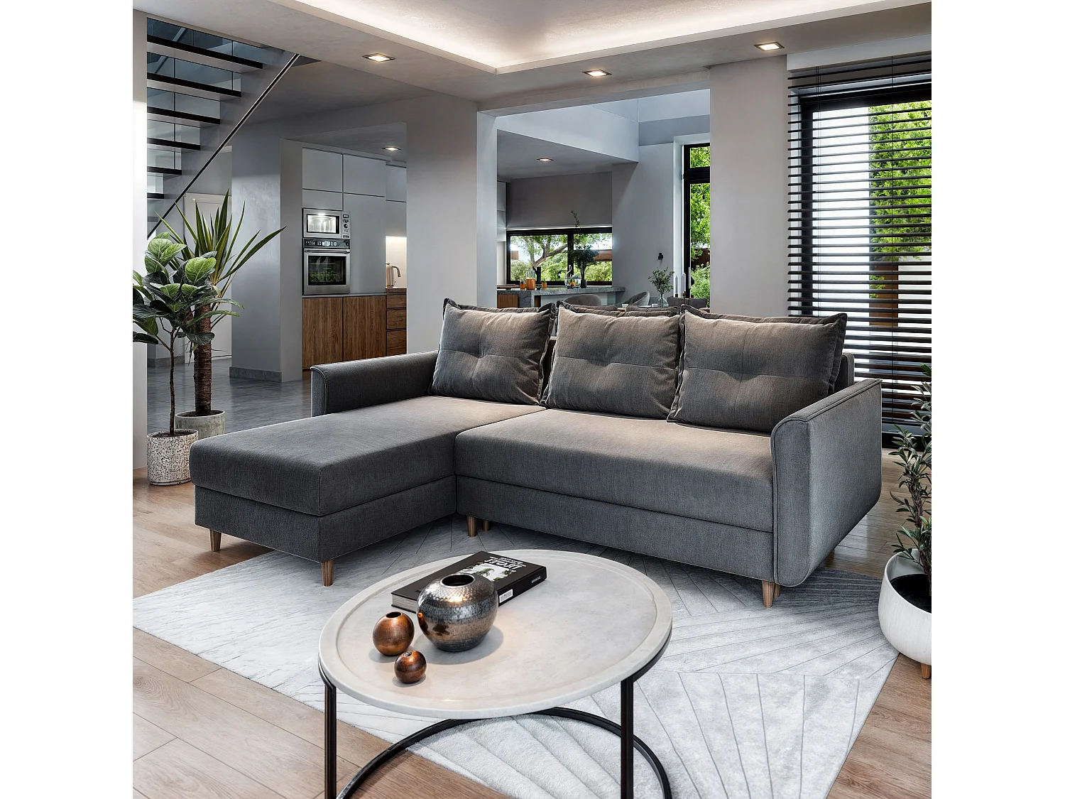 Canapé d'angle PISAN Gris en peluche avec fonction de couchage