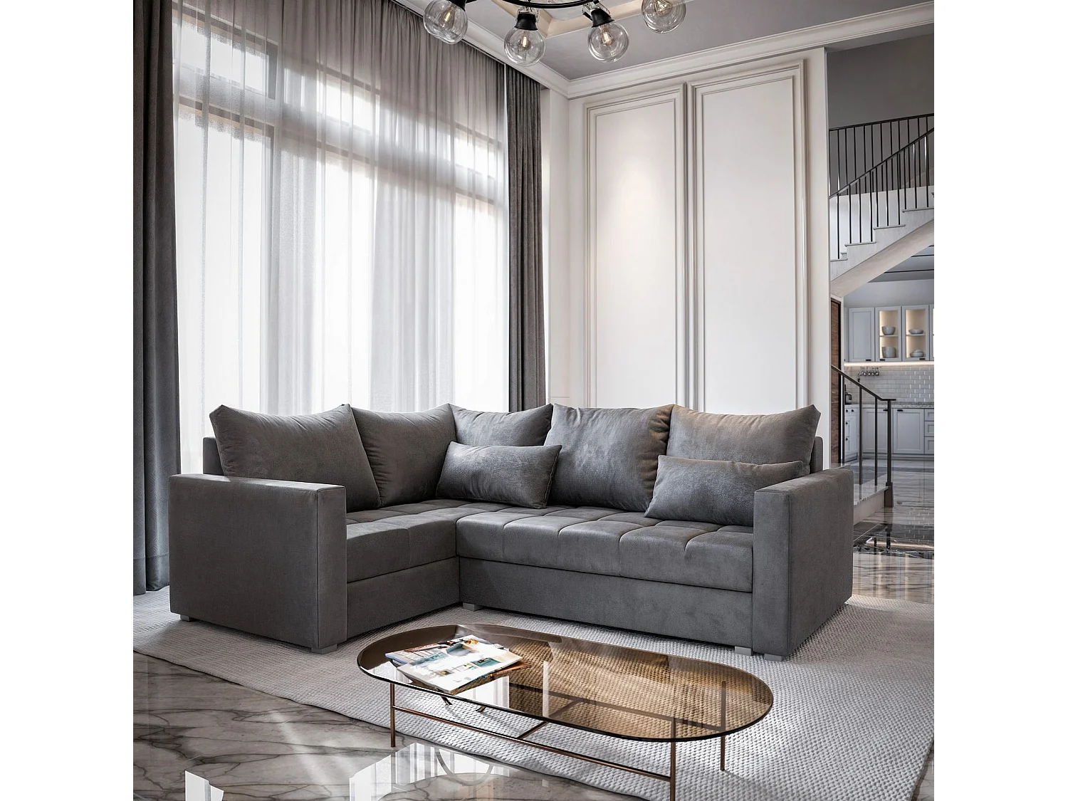 Canapé d'angle LIRENO Gris en peluche avec fonction de couchage