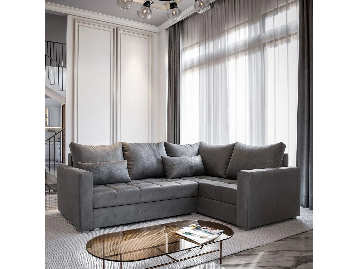 Canapé d'angle LIRENO Gris en peluche avec fonction de couchage