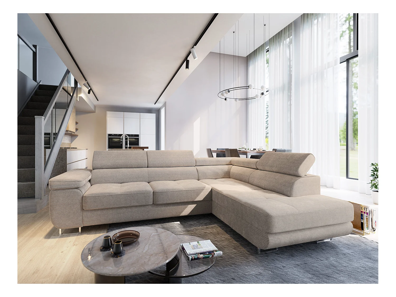 Canapé d'angle APIRO Beige en velours côtelé avec fonction de couchage