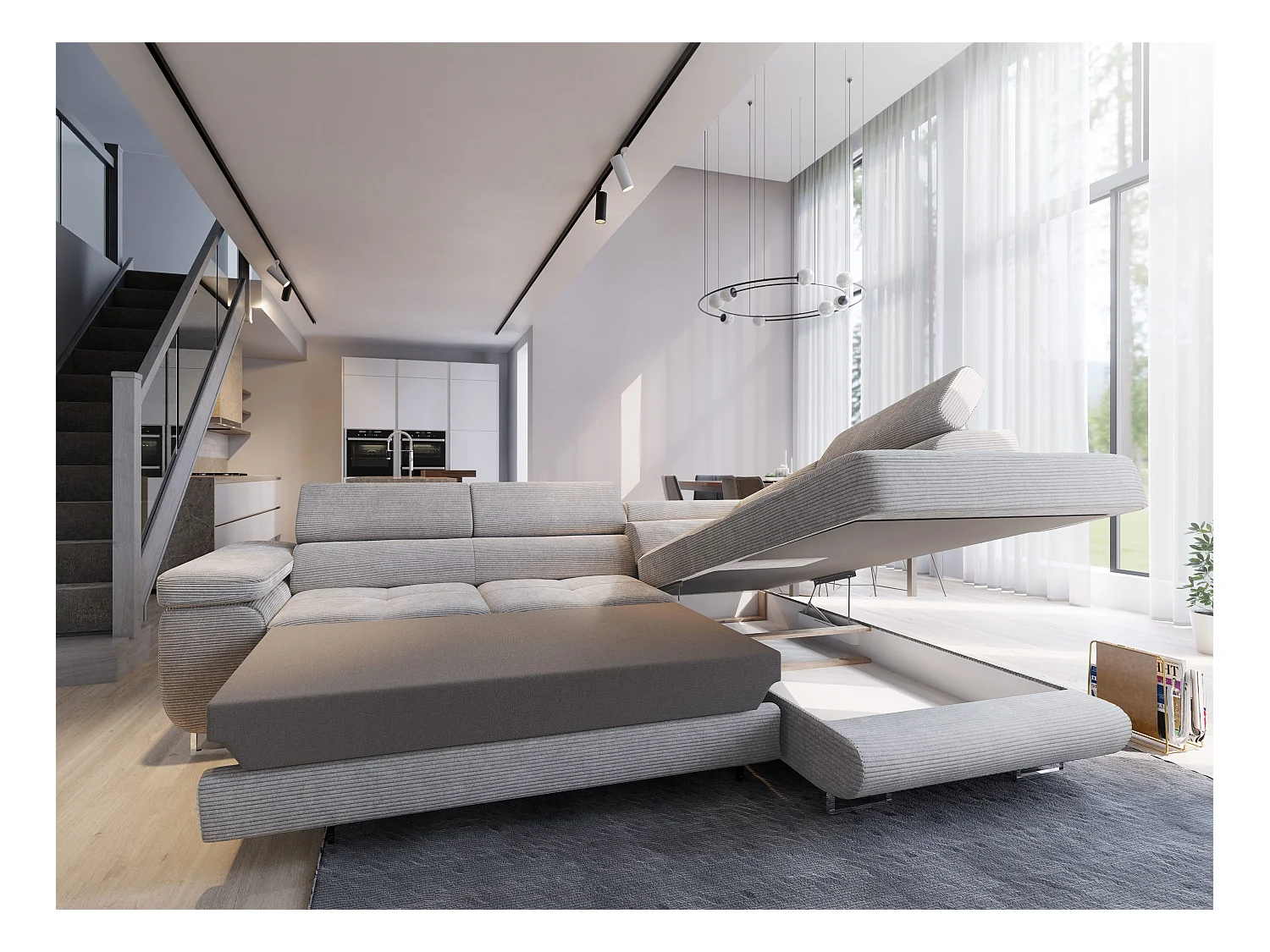 Canapé d'angle APIRO Beige en velours côtelé avec fonction de couchage