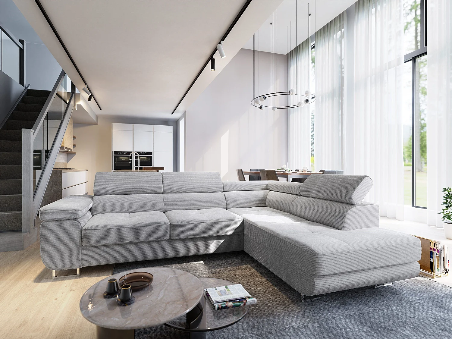 Canapé d'angle APIRO Gris clair en velours côtelé avec fonction de couchage