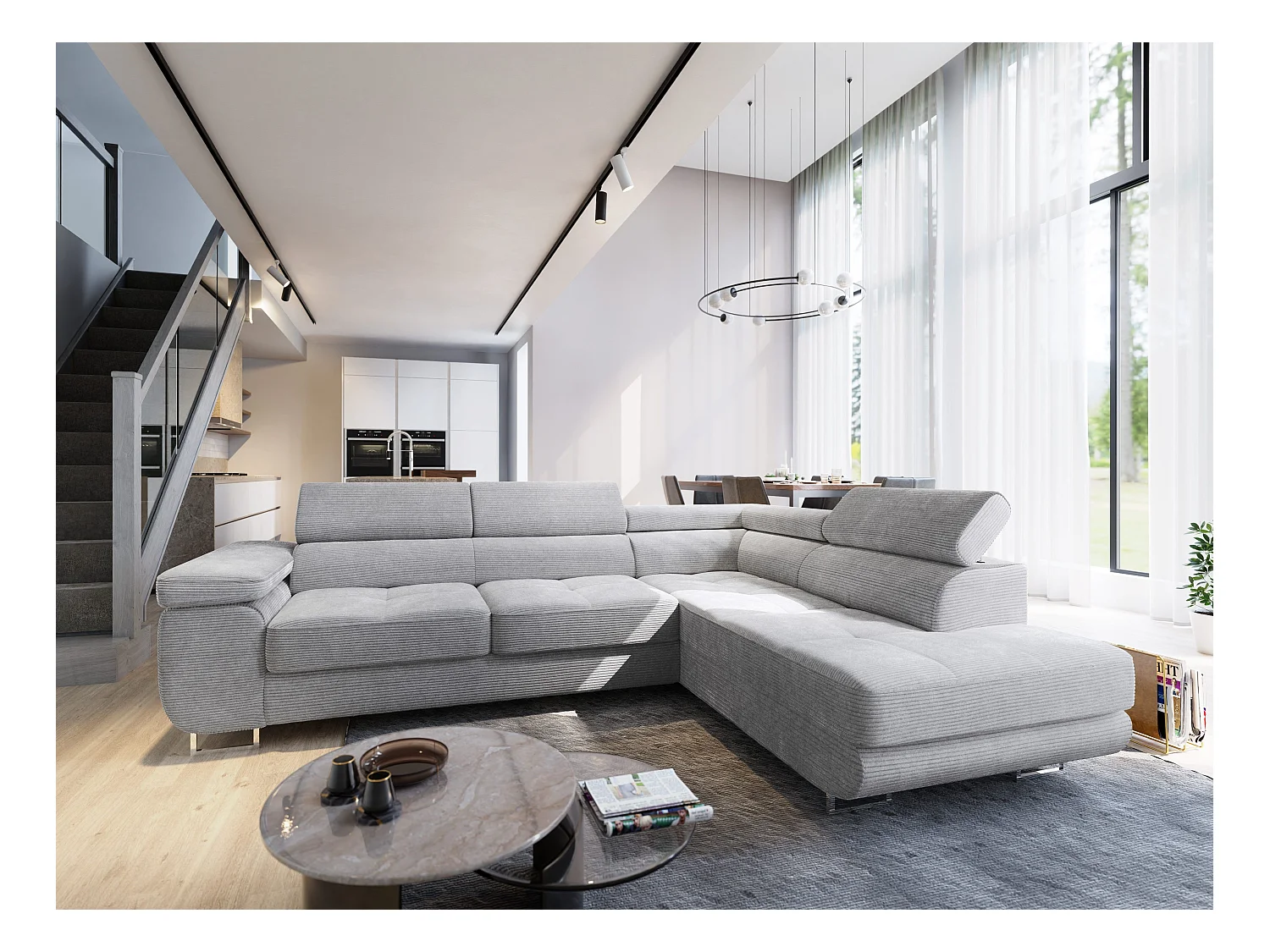 Canapé d'angle APIRO Gris clair en velours côtelé avec fonction de couchage