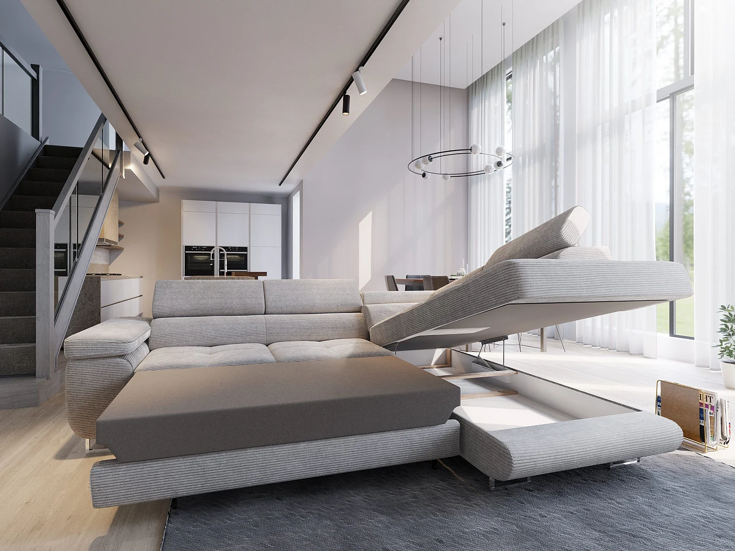 Canapé d'angle APIRO Gris clair en velours côtelé avec fonction de couchage