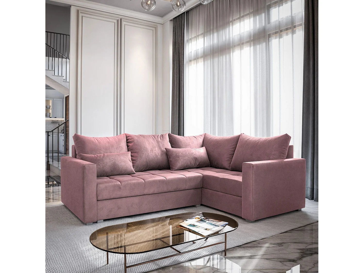 Canapé d'angle LIRENO Rose poudré en peluche avec fonction de couchage