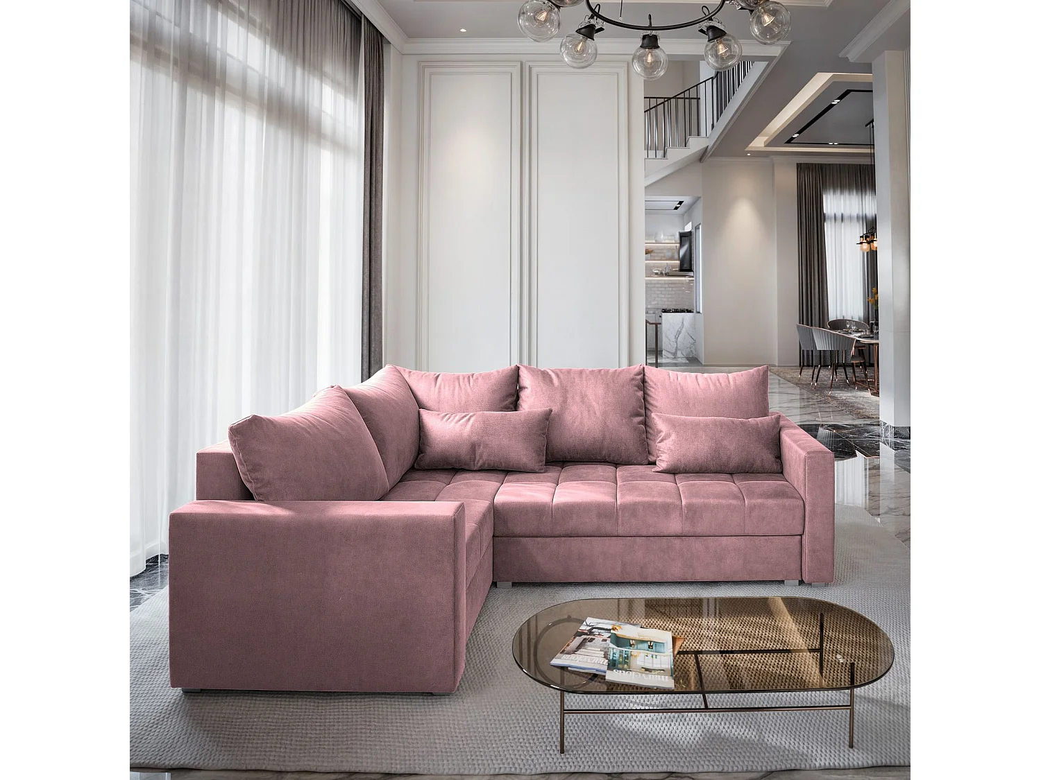 Canapé d'angle LIRENO Rose poudré en peluche avec fonction de couchage