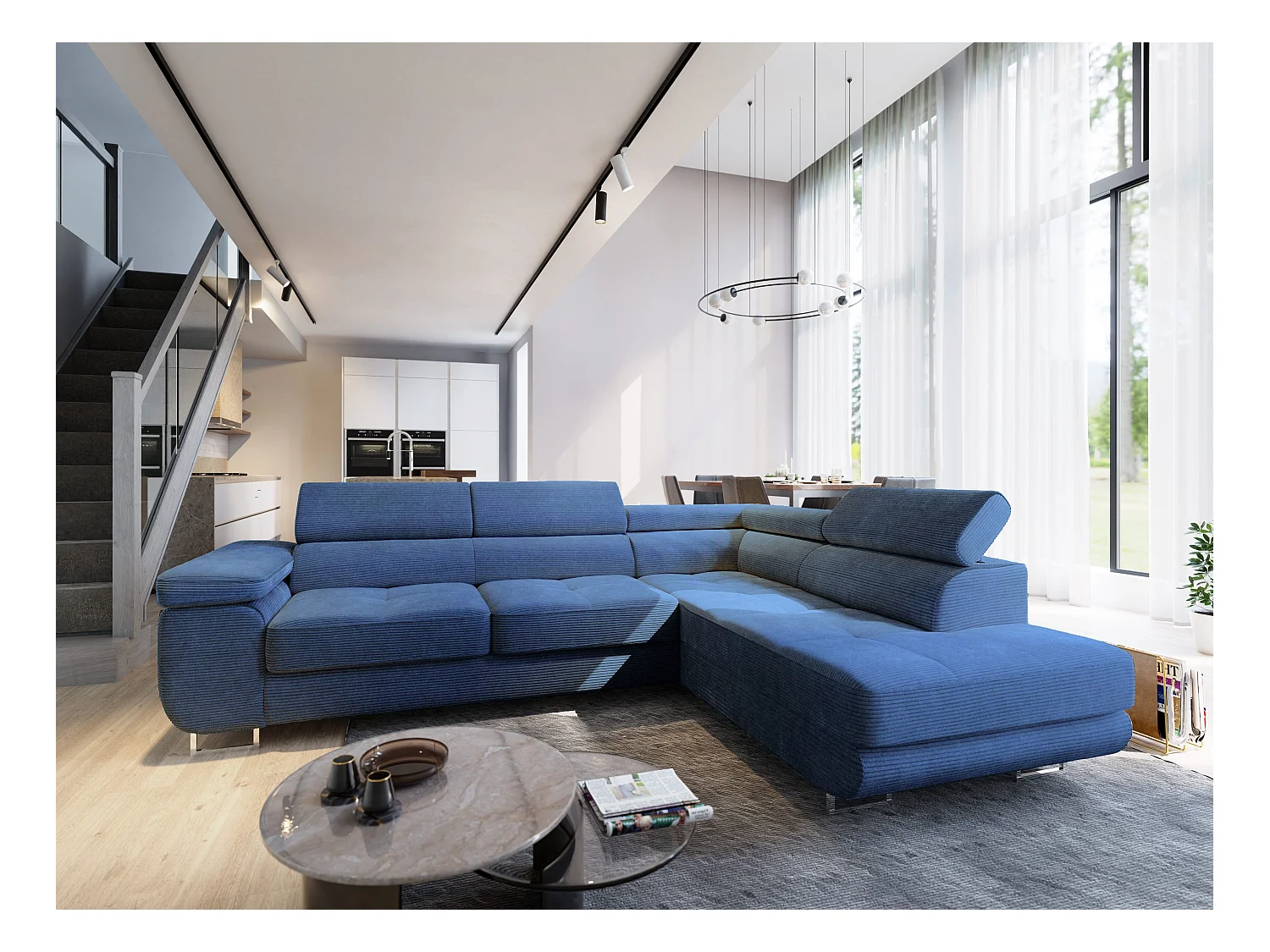 Canapé d'angle APIRO Bleu en velours côtelé avec fonction de couchage