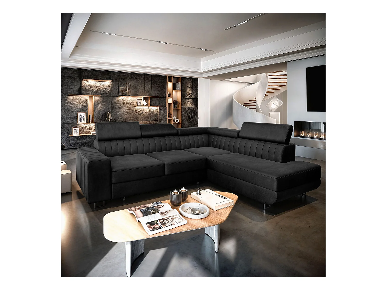 Canapé d'angle NOLA Noir en velours avec fonction de couchage