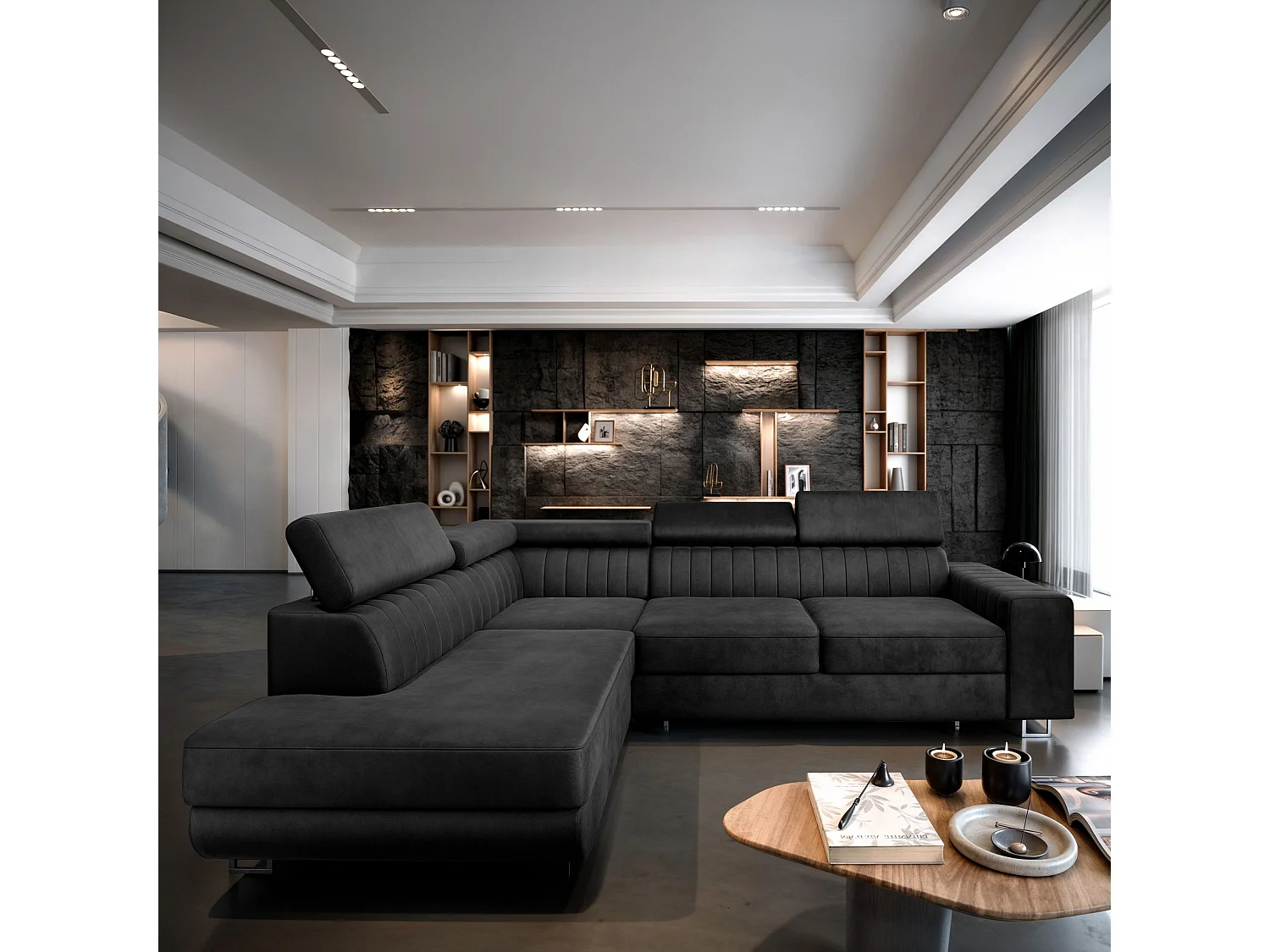 Hoekbank NOLA van fluweel met slaapfunctie Schwarz